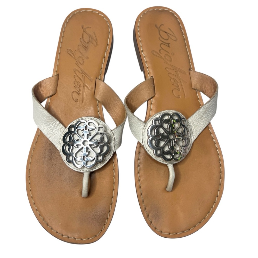 BRIGHTON Alice White Leather Sandals Silver‎ Medallion Size 8.5 - Picture 9 of 12
